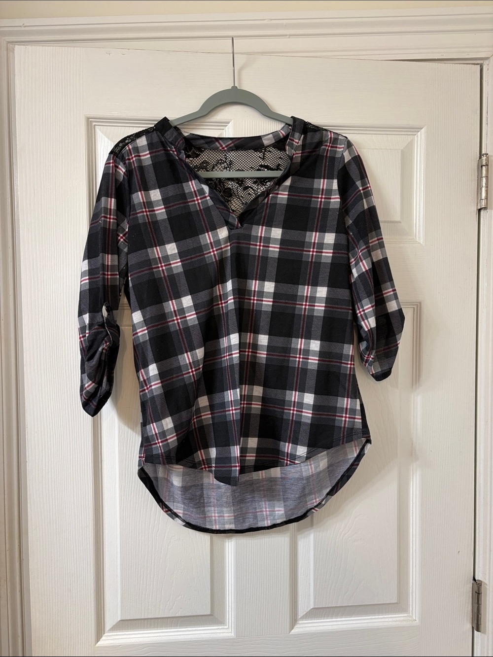 Bobbie Brooks Black Plaid V-Neck Roll-Tab Blouse